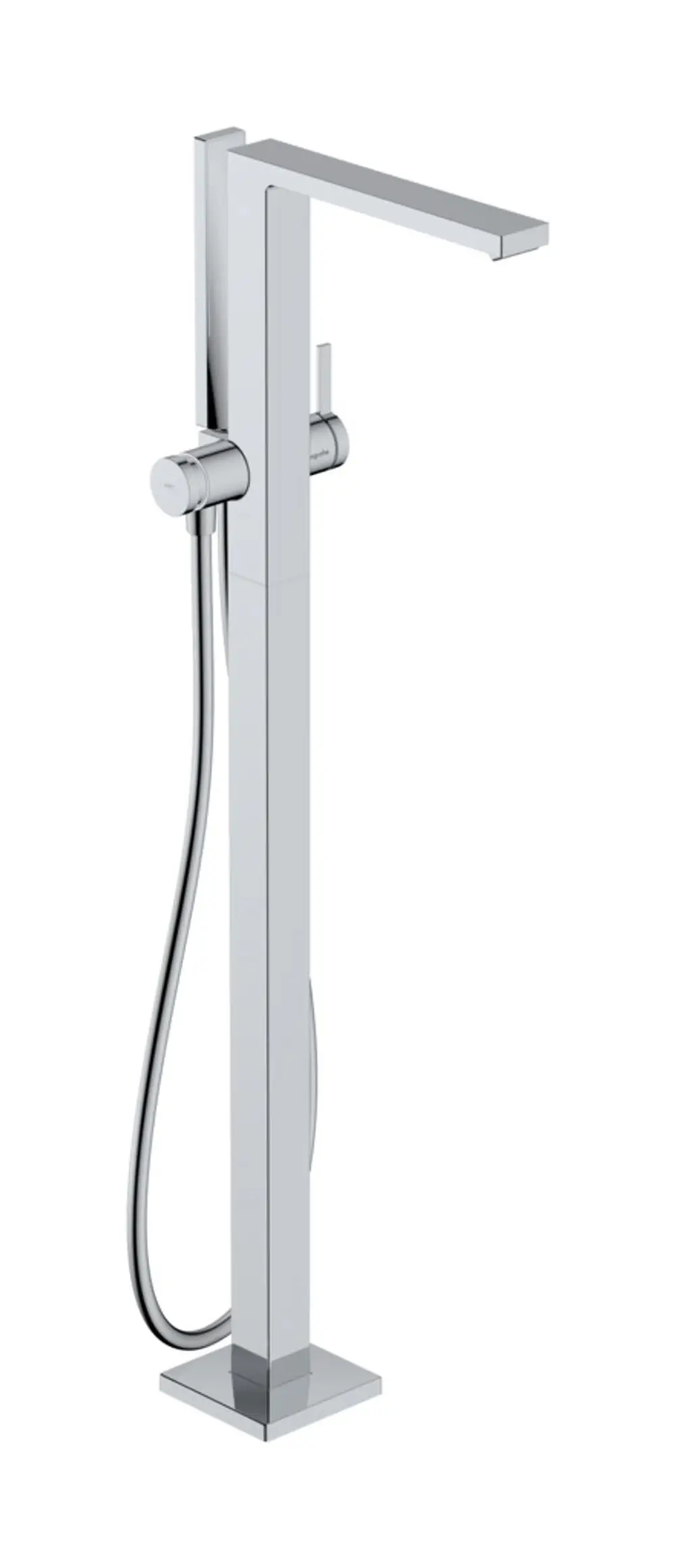 Bodenstehender Einhebel-Wannenmischer aus Chrom von Hansgrohe mit einem schlichten Design und einem Schlauch für die Handbrause.